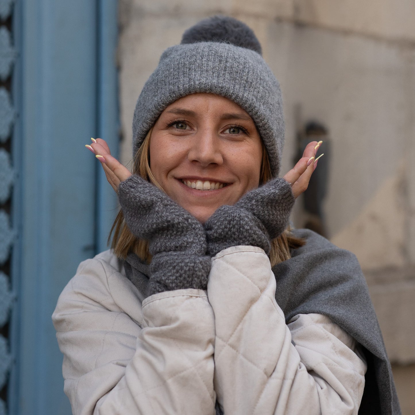 Kaschmir-Trio — Schal + Mütze + Stulpen | Grau meliert