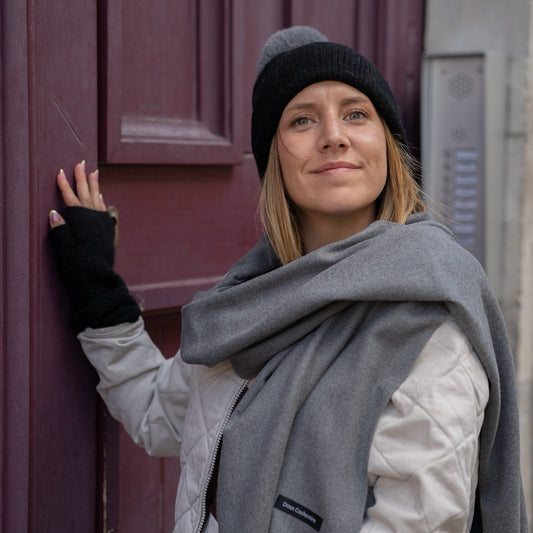 Cashmere Trio — Scarf + Hat + Mittens | Heather grey and black
