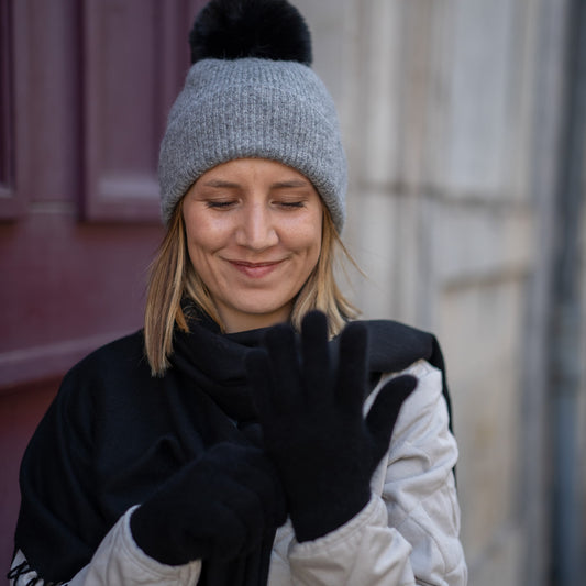 Cashmere Trio — Scarf + Hat + Mittens | Black and Heather Grey