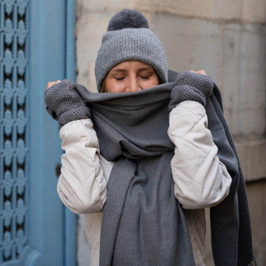 Cashmere Trio — Scarf + Hat + Mittens | Heather grey
