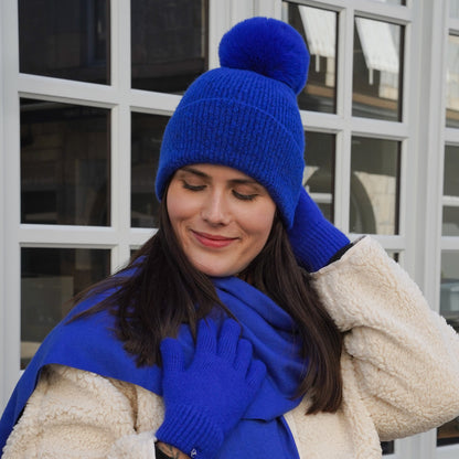 Royal blue cashmere hat with pom-pom