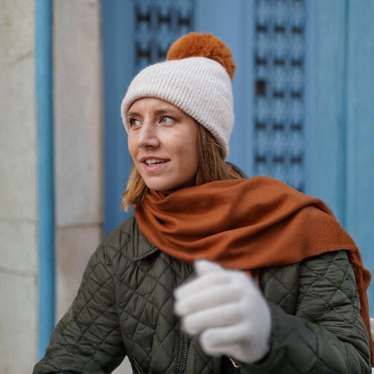 Cashmere trio — scarf + hat + gloves | Beige and copper