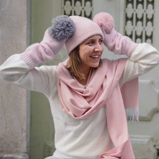 Cashmere trio — scarf + hat + mittens | Powder pink