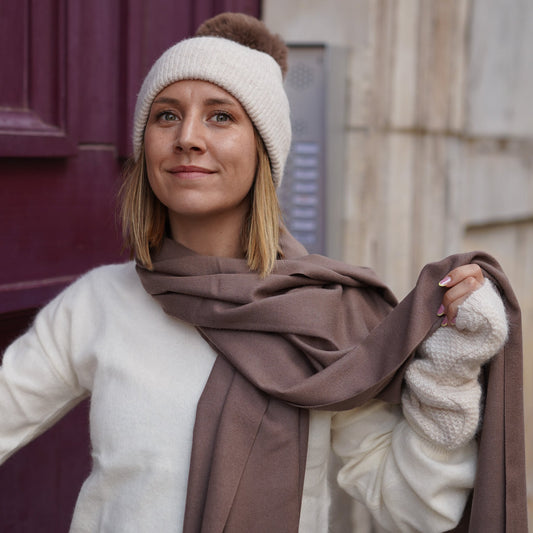 Cashmere trio — scarf + hat + mittens | Beige and taupe