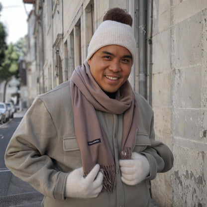 Kaschmir-Trio — Schal + Mütze + Handschuhe | Beige und Taupe