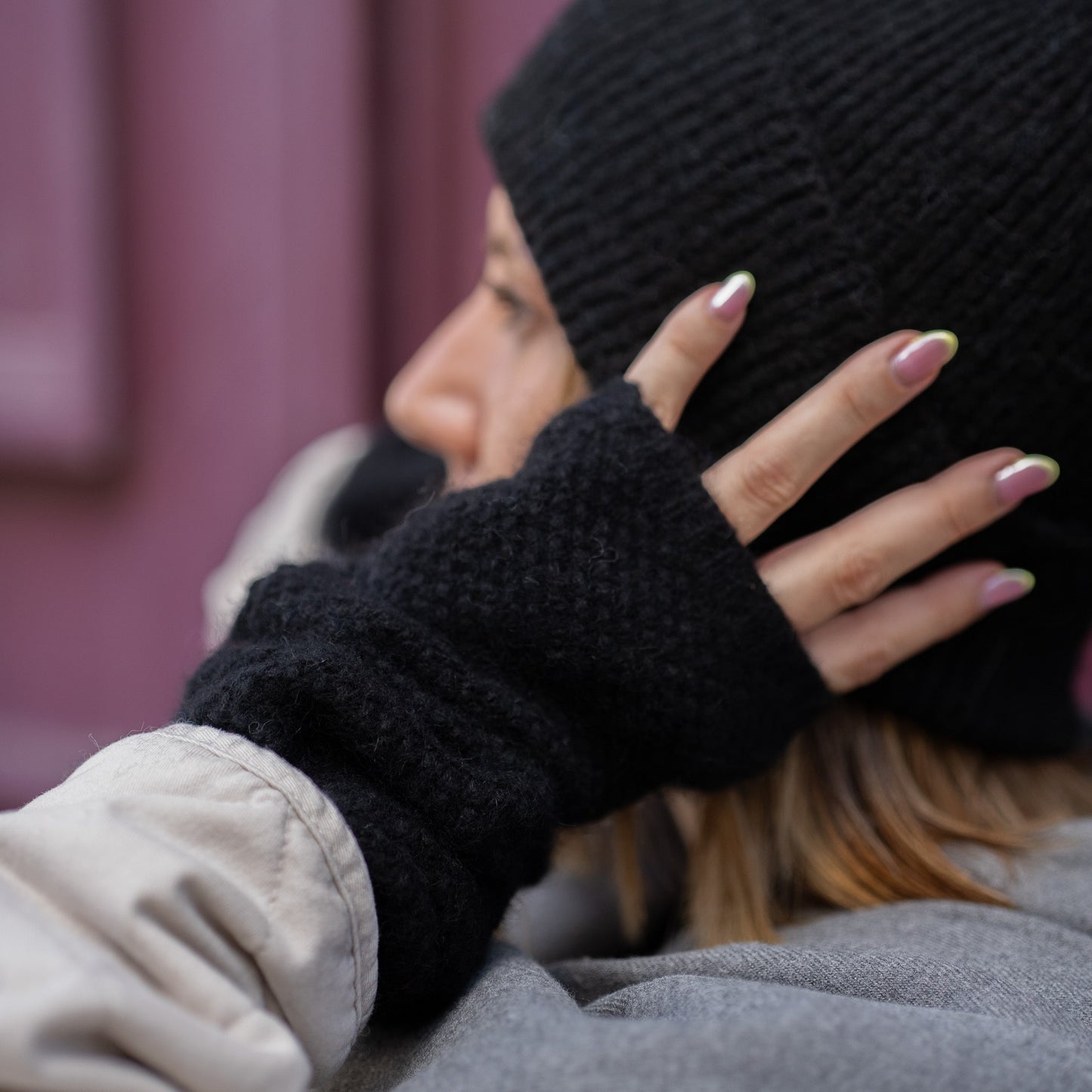 Kaschmir-Trio — Schal + Mütze + Stulpen | Grau meliert und Schwarz