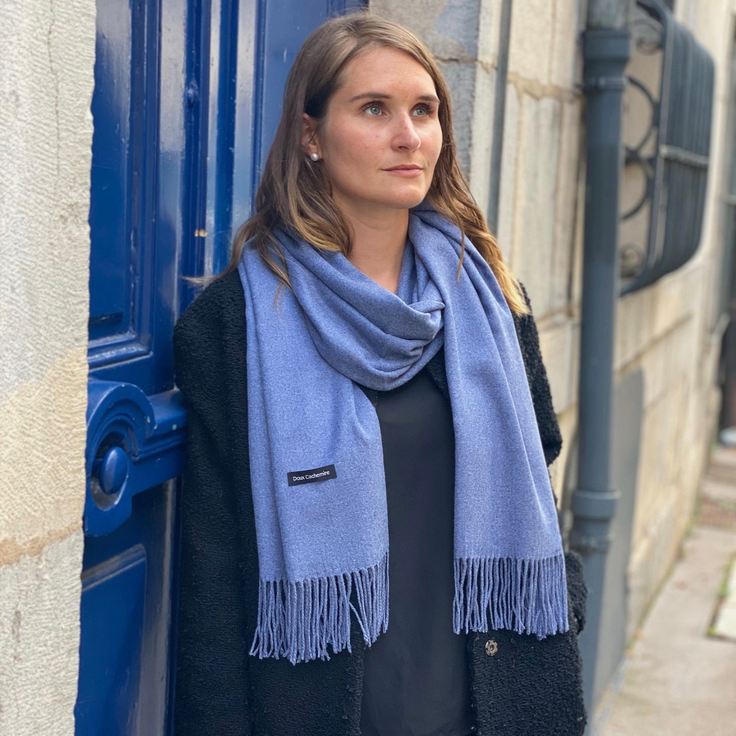 Kaschmir-Trio — Schal + Mütze + Stulpen | Elfenbein und Blau meliert